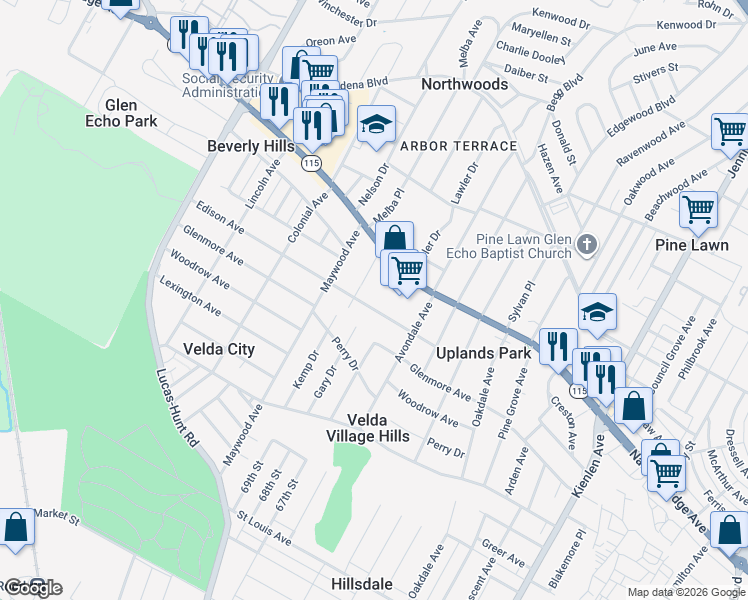 map of restaurants, bars, coffee shops, grocery stores, and more near 6814 Natural Bridge Road in St. Louis