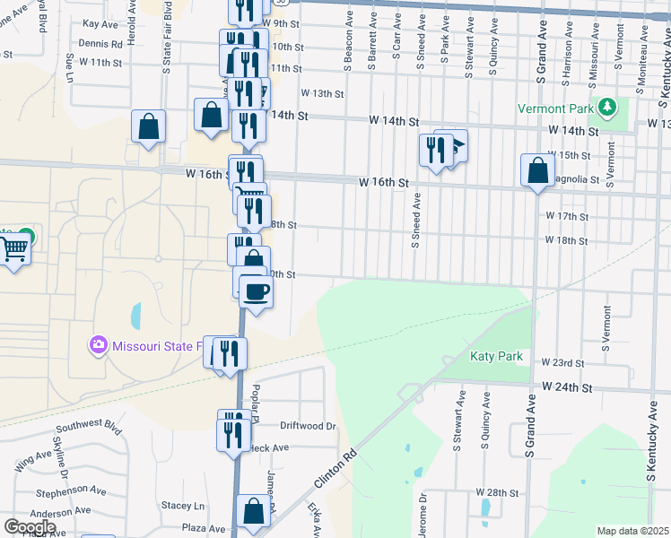 map of restaurants, bars, coffee shops, grocery stores, and more near 1827 South Beacon Avenue in Sedalia
