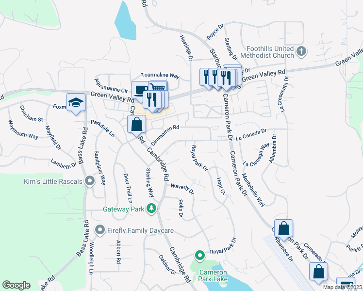 map of restaurants, bars, coffee shops, grocery stores, and more near 3315 La Canada Drive in Cameron Park