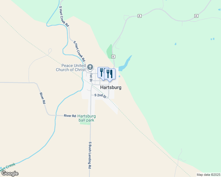 map of restaurants, bars, coffee shops, grocery stores, and more near 30 South 2nd Street in Hartsburg