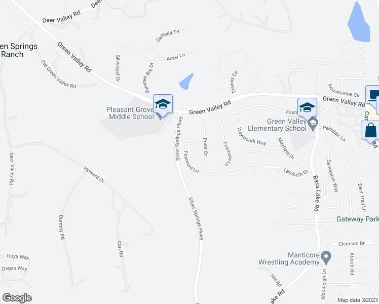 map of restaurants, bars, coffee shops, grocery stores, and more near 3309 Foxmore Lane in Shingle Springs