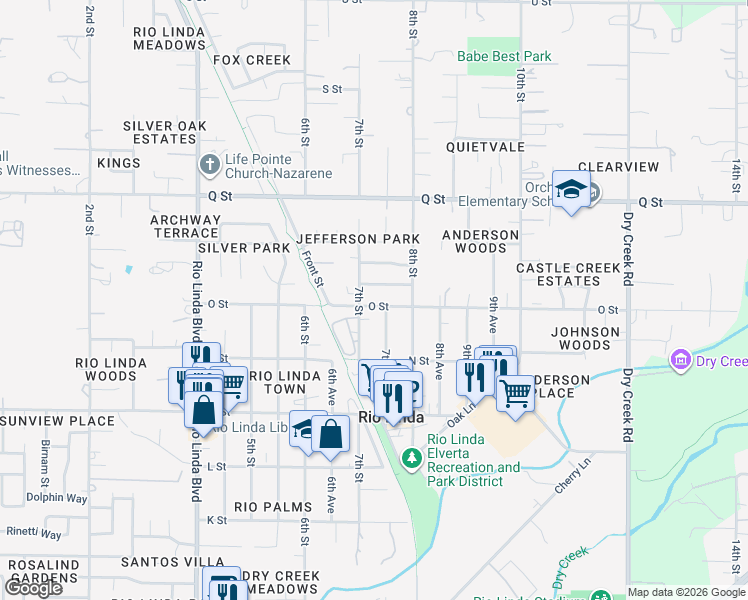 map of restaurants, bars, coffee shops, grocery stores, and more near 725 Dabney Avenue in Rio Linda