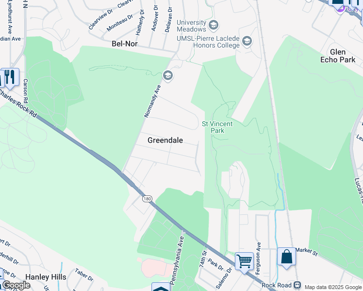 map of restaurants, bars, coffee shops, grocery stores, and more near 7445 Marillac Drive in St. Louis