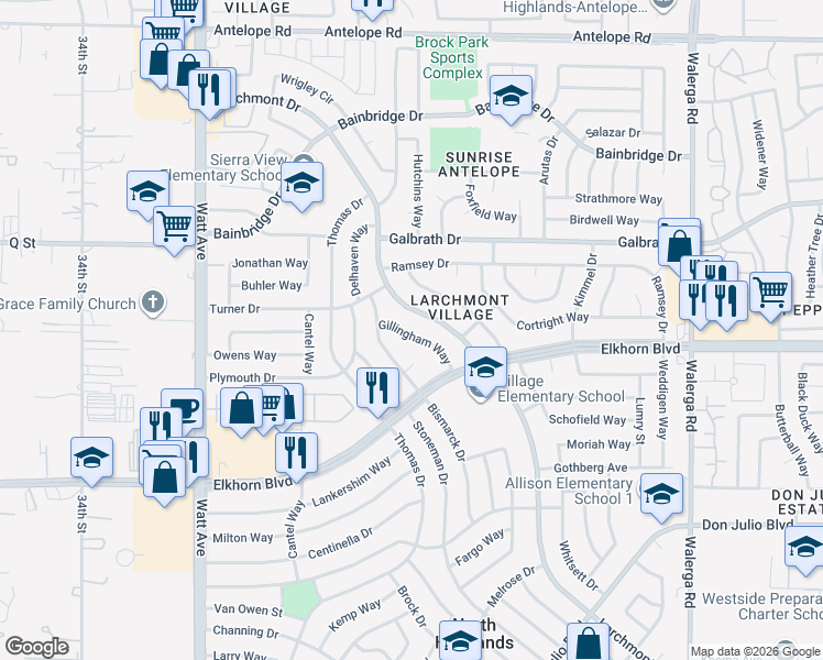 map of restaurants, bars, coffee shops, grocery stores, and more near 6940 Gillingham Way in North Highlands