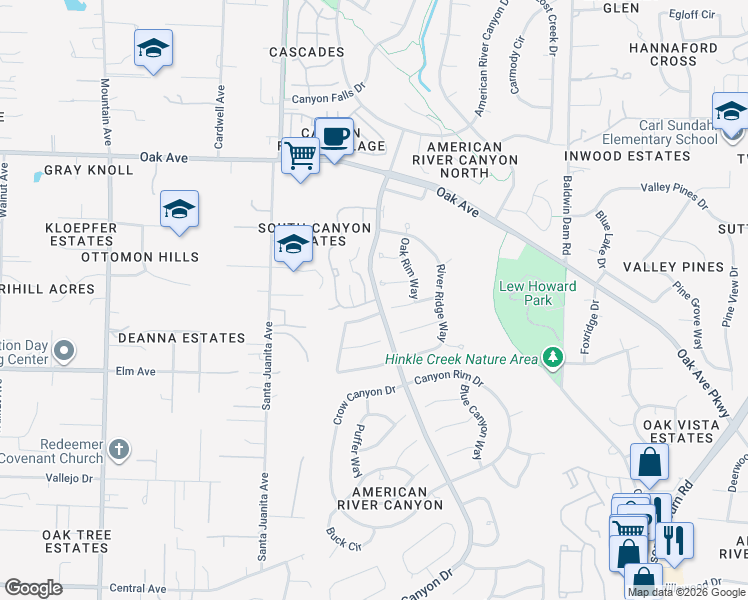 map of restaurants, bars, coffee shops, grocery stores, and more near 215 Canyon Terrace Lane in Folsom