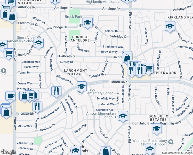 map of restaurants, bars, coffee shops, grocery stores, and more near 4113 Cortright Way in North Highlands