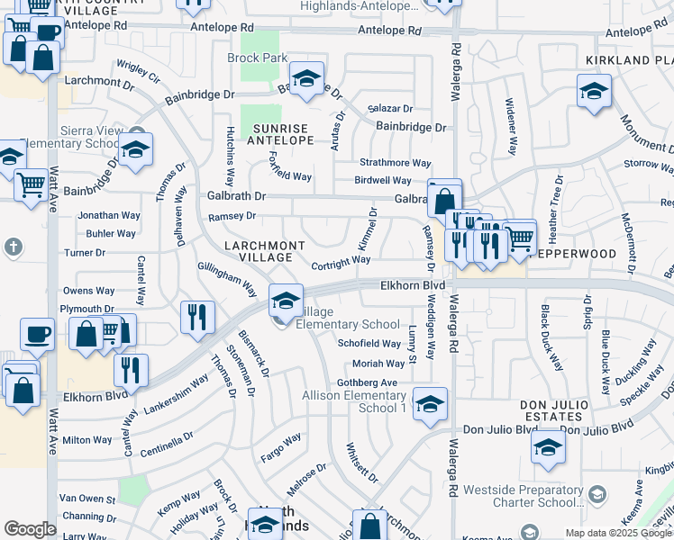 map of restaurants, bars, coffee shops, grocery stores, and more near 4113 Cortright Way in North Highlands