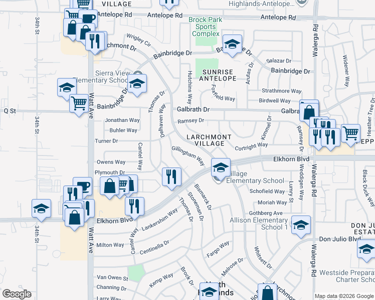 map of restaurants, bars, coffee shops, grocery stores, and more near 6940 Gillingham Way in North Highlands