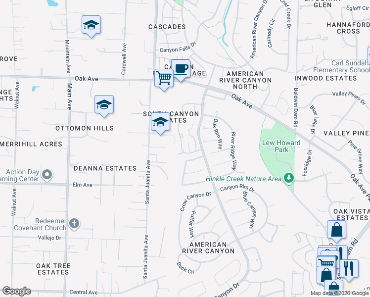 map of restaurants, bars, coffee shops, grocery stores, and more near 1600 Canyon Terrace Lane in Folsom