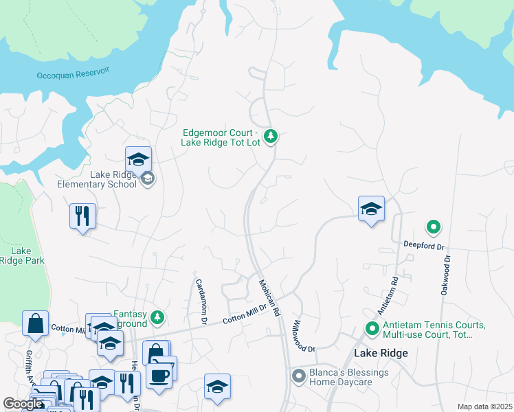 map of restaurants, bars, coffee shops, grocery stores, and more near 11378 Cromwell Court in Woodbridge