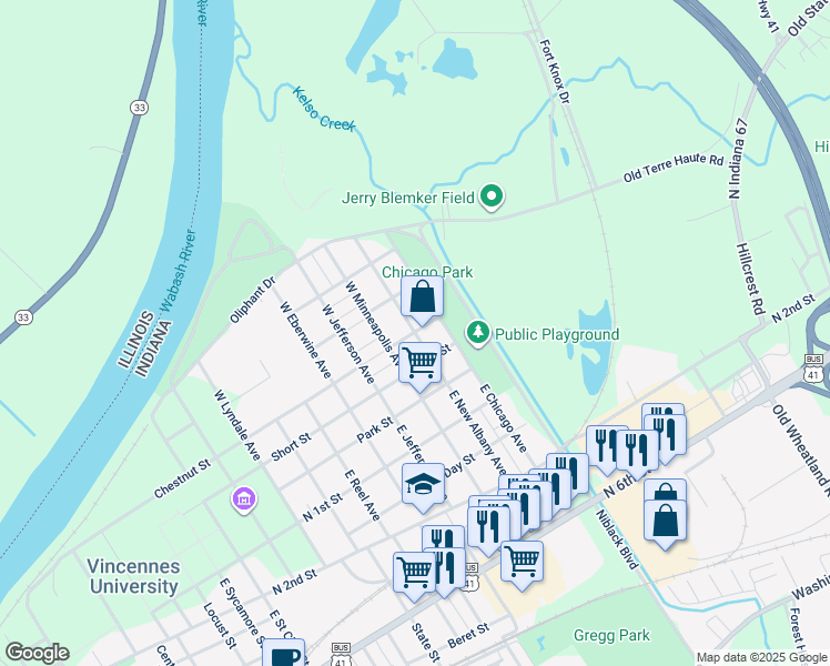 map of restaurants, bars, coffee shops, grocery stores, and more near 201 W New Albany Ave in Vincennes