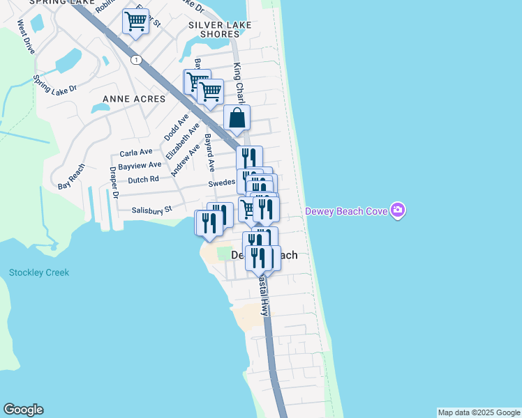 map of restaurants, bars, coffee shops, grocery stores, and more near 2000 Coastal Highway in Dewey Beach