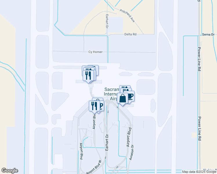 map of restaurants, bars, coffee shops, grocery stores, and more near 6900 Airport Boulevard in Sacramento