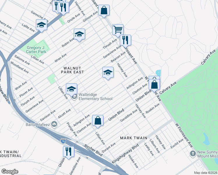 map of restaurants, bars, coffee shops, grocery stores, and more near 5278 Alcott Avenue in St. Louis