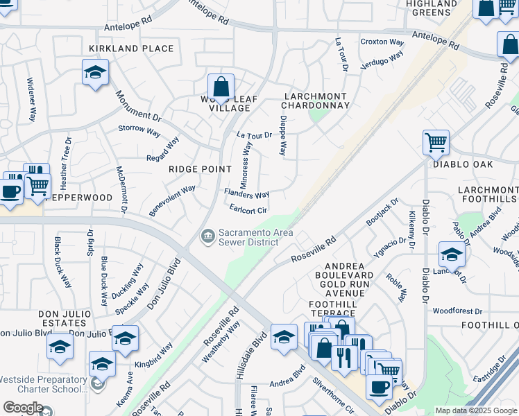 map of restaurants, bars, coffee shops, grocery stores, and more near 7020 Flanders Way in Sacramento