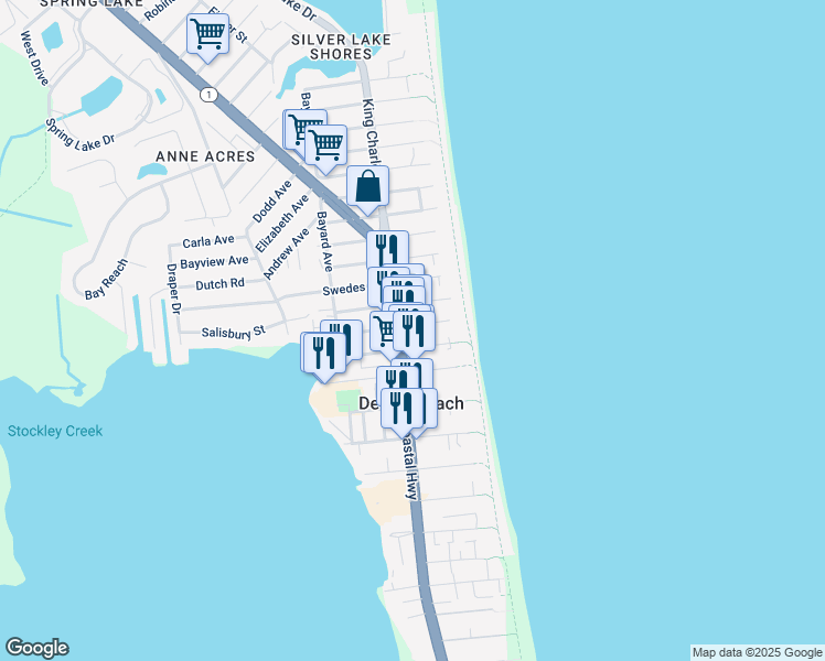 map of restaurants, bars, coffee shops, grocery stores, and more near 2000 Coastal Highway in Dewey Beach