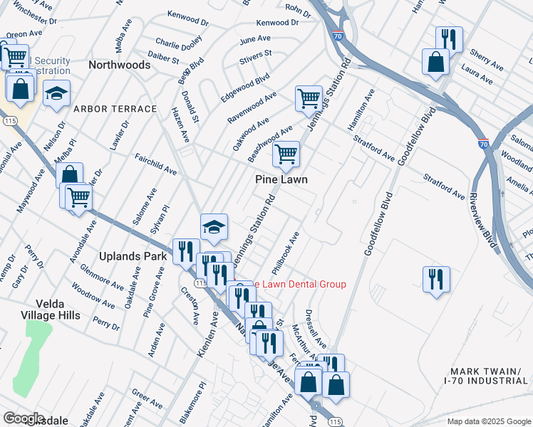 map of restaurants, bars, coffee shops, grocery stores, and more near 4019 Jennings Station Road in St. Louis