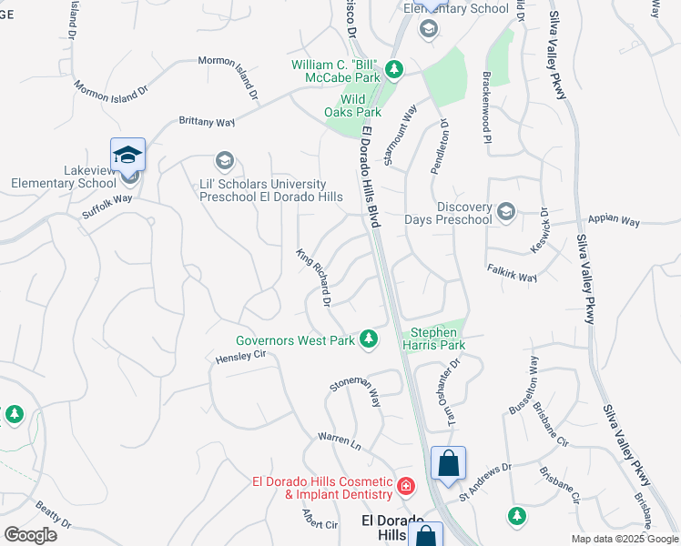 map of restaurants, bars, coffee shops, grocery stores, and more near 951 King James Way in El Dorado Hills