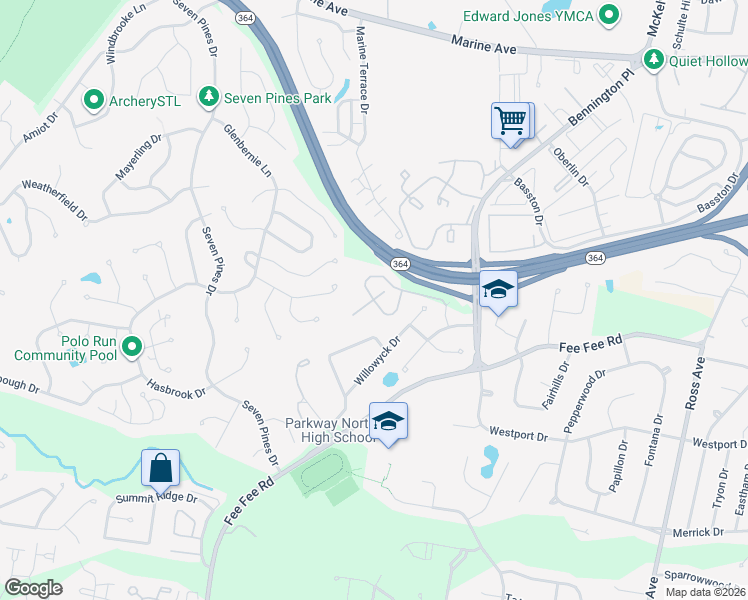 map of restaurants, bars, coffee shops, grocery stores, and more near Bennington Common Court in St. Louis County