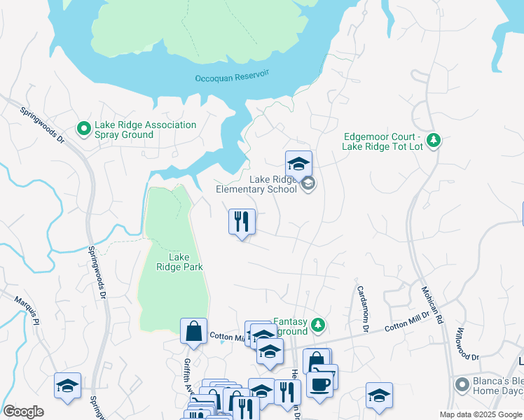 map of restaurants, bars, coffee shops, grocery stores, and more near 11981 Home Guard Drive in Woodbridge