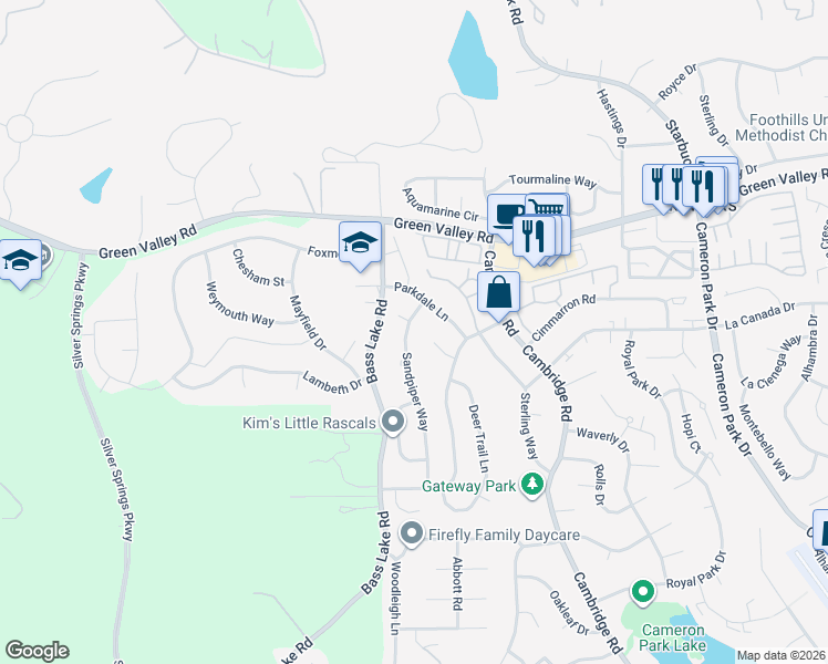 map of restaurants, bars, coffee shops, grocery stores, and more near 2425 Sandpiper Way in Cameron Park