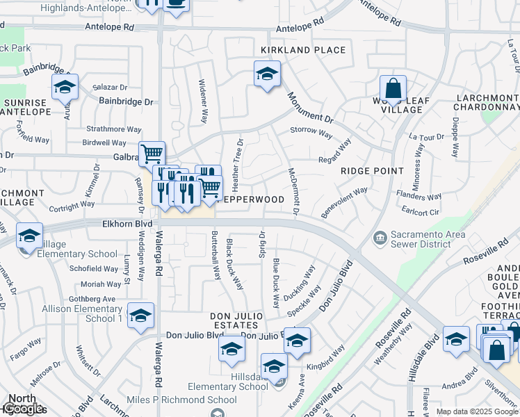 map of restaurants, bars, coffee shops, grocery stores, and more near 7017 Sprig Drive in Sacramento
