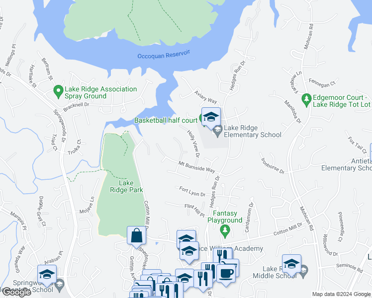 map of restaurants, bars, coffee shops, grocery stores, and more near 11981 Home Guard Drive in Woodbridge