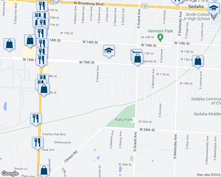 map of restaurants, bars, coffee shops, grocery stores, and more near 1902 South Stewart Avenue in Sedalia