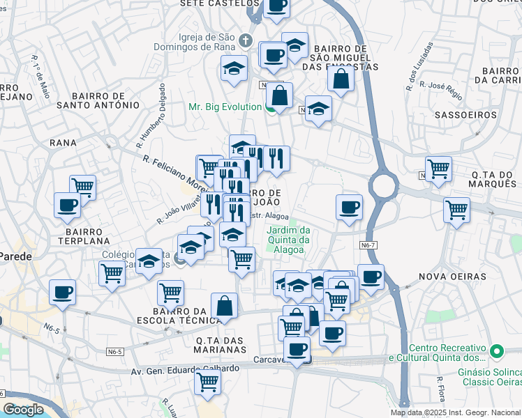 map of restaurants, bars, coffee shops, grocery stores, and more near 31 Rua Lisboa in Carcavelos