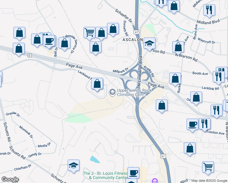 map of restaurants, bars, coffee shops, grocery stores, and more near 1884 Lackland Hill Parkway in St. Louis