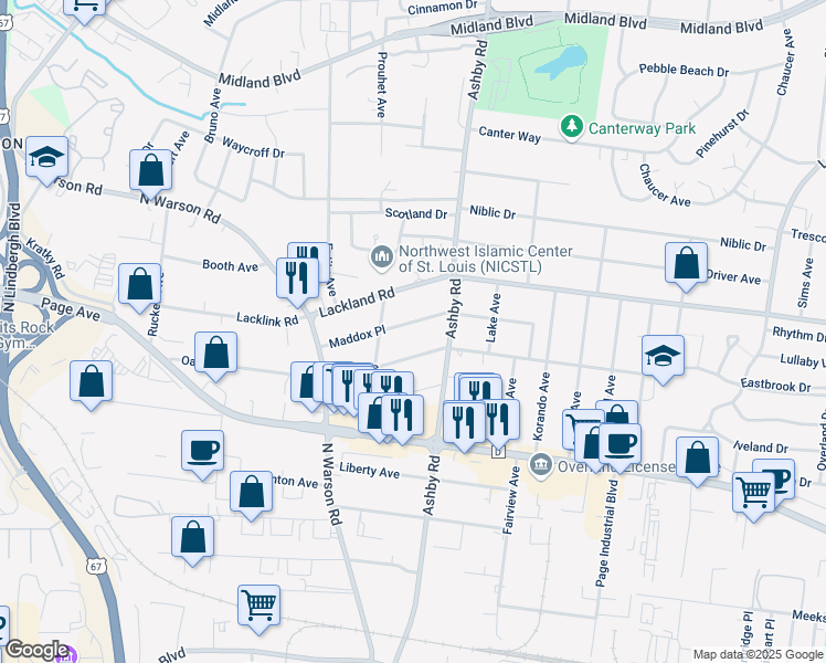 map of restaurants, bars, coffee shops, grocery stores, and more near 10534 Maddox Place in St. Louis