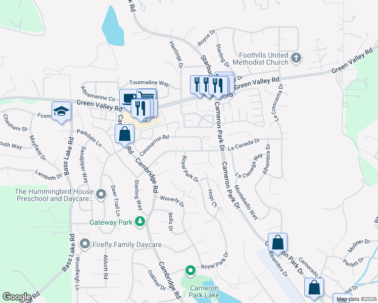 map of restaurants, bars, coffee shops, grocery stores, and more near 3345 La Canada Drive in Cameron Park