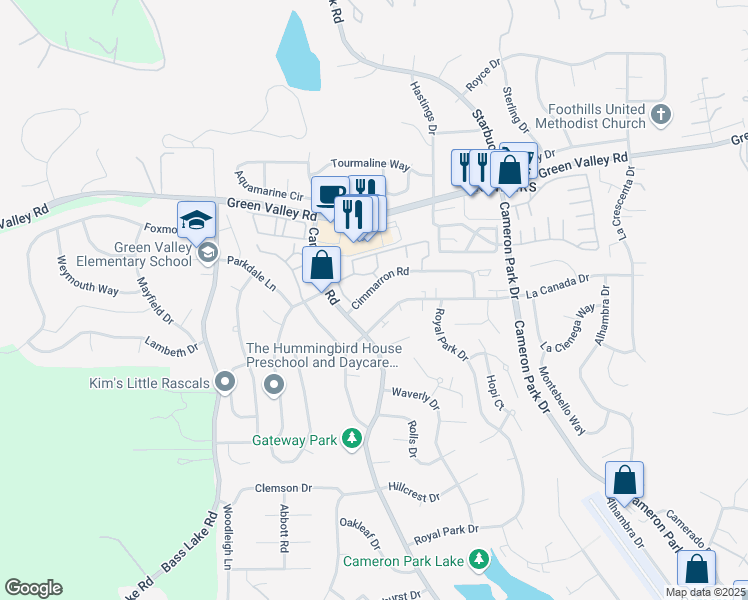 map of restaurants, bars, coffee shops, grocery stores, and more near 3287 La Canada Drive in Cameron Park