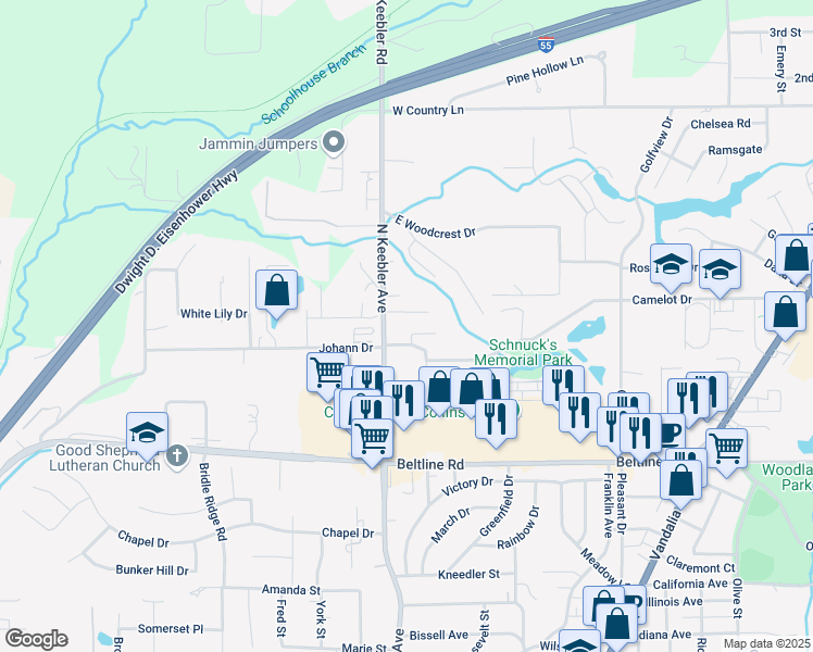 map of restaurants, bars, coffee shops, grocery stores, and more near 102 Alamo Drive in Collinsville
