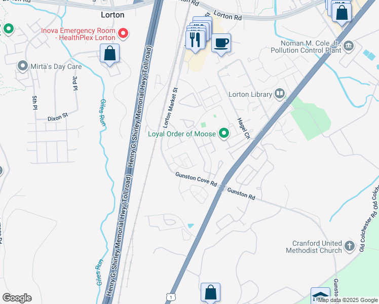 map of restaurants, bars, coffee shops, grocery stores, and more near 9721 Athey Road in Lorton