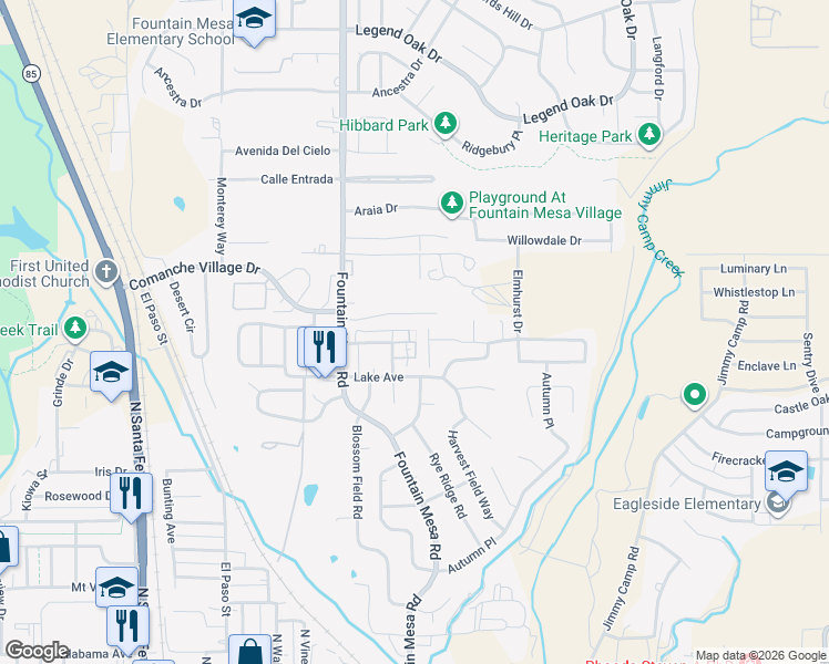 map of restaurants, bars, coffee shops, grocery stores, and more near 7184 Bracken Place in Fountain