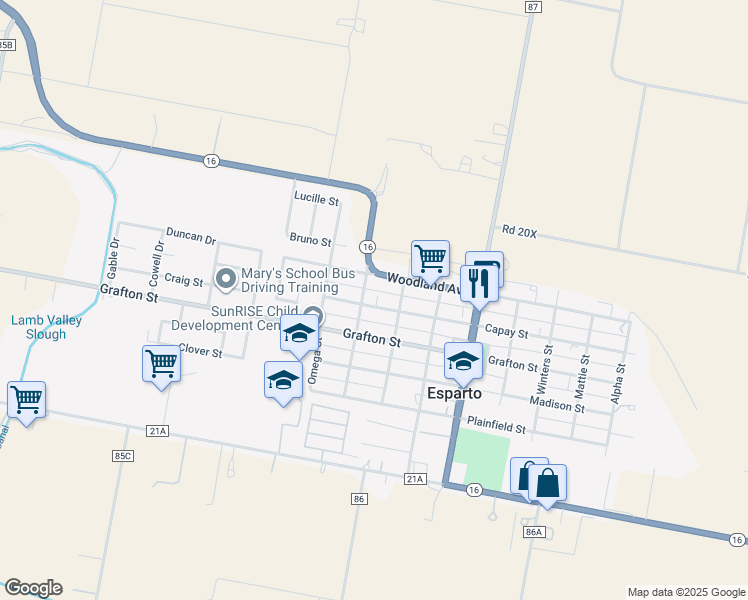 map of restaurants, bars, coffee shops, grocery stores, and more near 16841 Orleans Street in Esparto