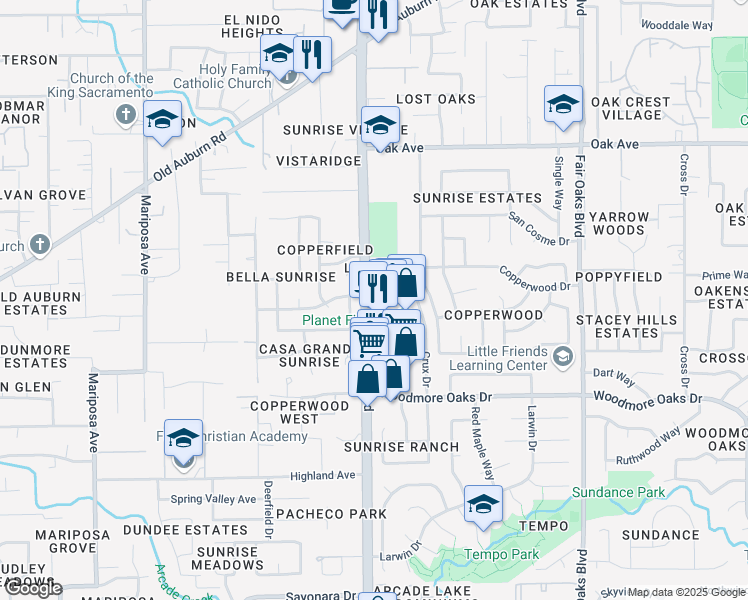 map of restaurants, bars, coffee shops, grocery stores, and more near 7883 Sungarden Drive in Citrus Heights