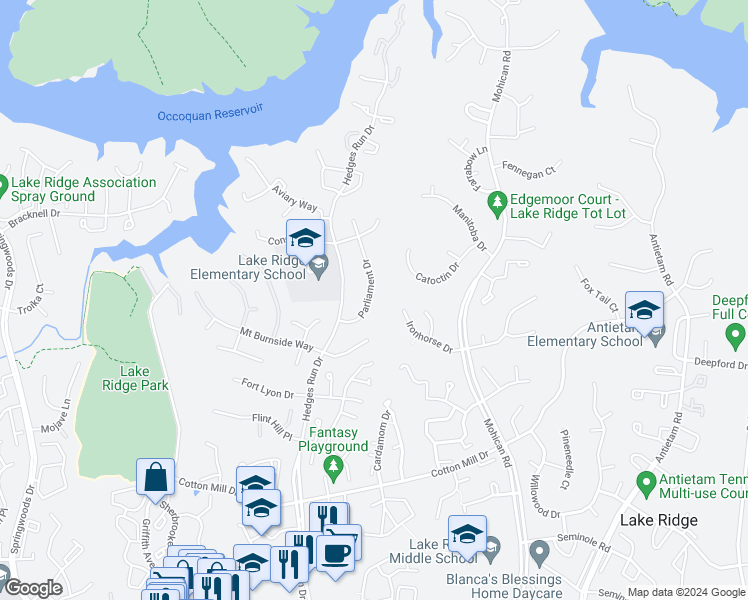 map of restaurants, bars, coffee shops, grocery stores, and more near 11829 Parliament Drive in Woodbridge