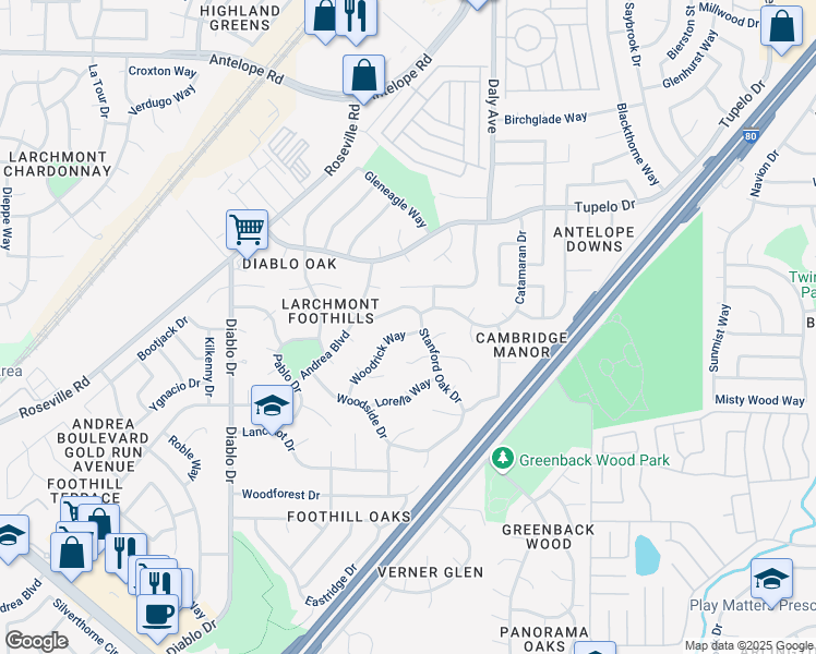 map of restaurants, bars, coffee shops, grocery stores, and more near 7124 Stanford Oak Drive in Sacramento