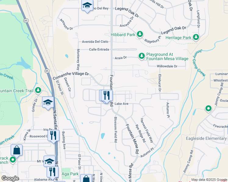 map of restaurants, bars, coffee shops, grocery stores, and more near 1046 Fountain Mesa Road in Fountain