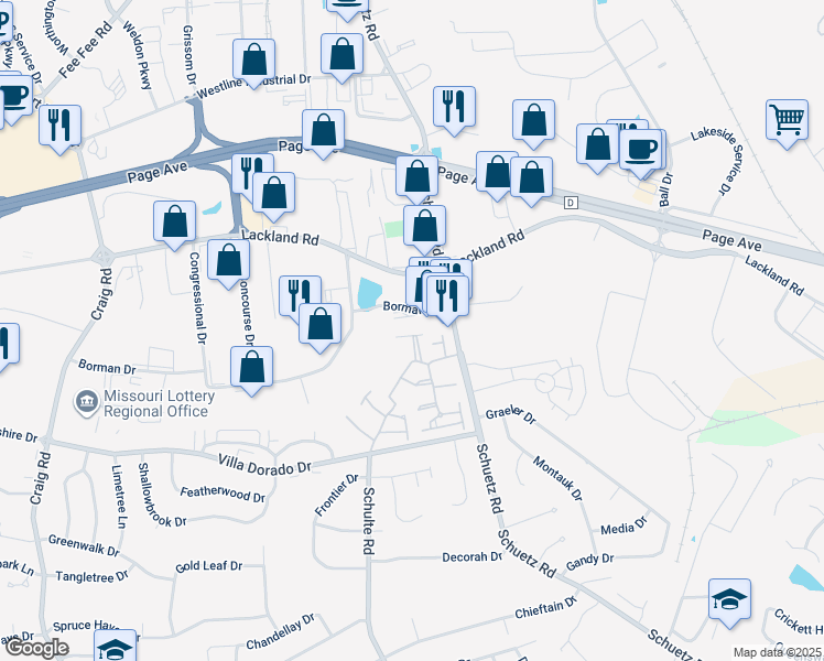 map of restaurants, bars, coffee shops, grocery stores, and more near 11575 Tawny Ash Court in St. Louis
