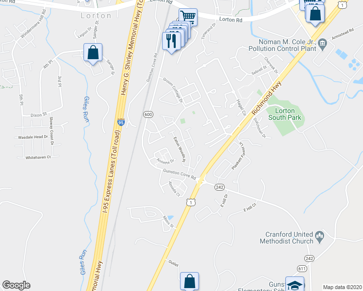 map of restaurants, bars, coffee shops, grocery stores, and more near 9655 Eaton Woods Place in Lorton