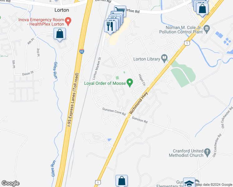 map of restaurants, bars, coffee shops, grocery stores, and more near 9655 Eaton Woods Place in Lorton