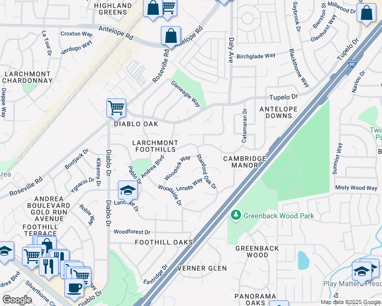 map of restaurants, bars, coffee shops, grocery stores, and more near 7124 Stanford Oak Drive in Sacramento