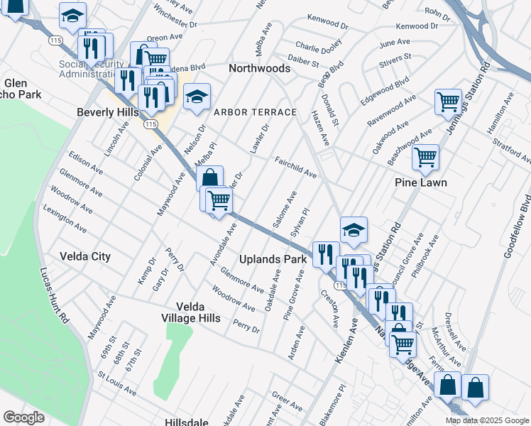 map of restaurants, bars, coffee shops, grocery stores, and more near 3709 Manola Avenue in St. Louis