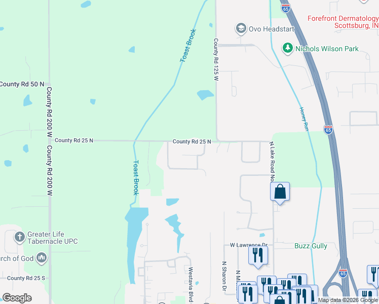 map of restaurants, bars, coffee shops, grocery stores, and more near 1357 Kristina Court in Scottsburg