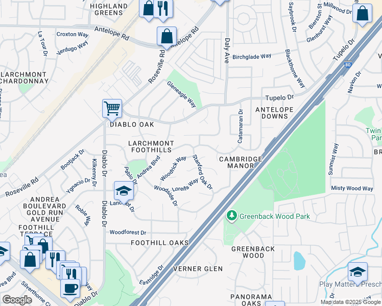 map of restaurants, bars, coffee shops, grocery stores, and more near 7071 Woodrick Way in Sacramento