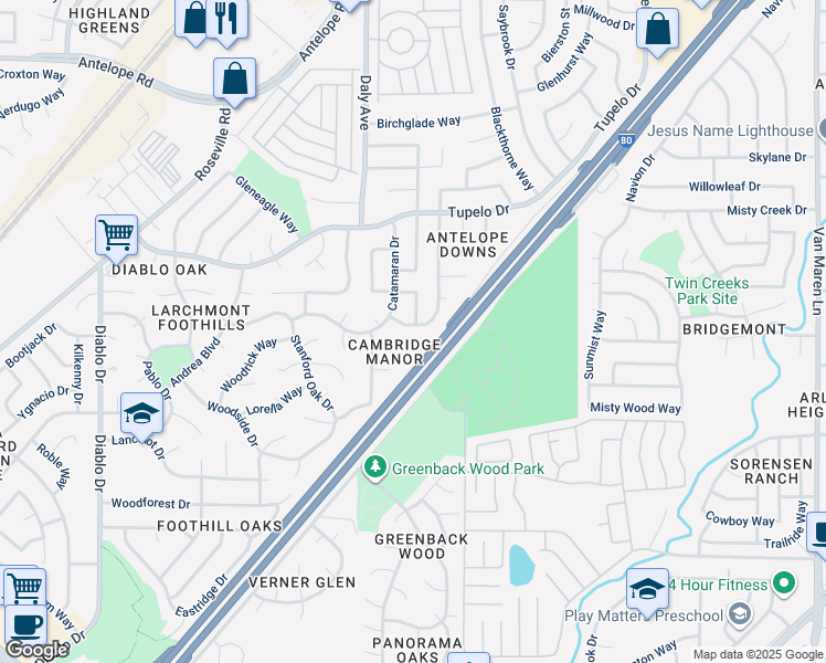 map of restaurants, bars, coffee shops, grocery stores, and more near 7116 Parkvale Way in Citrus Heights