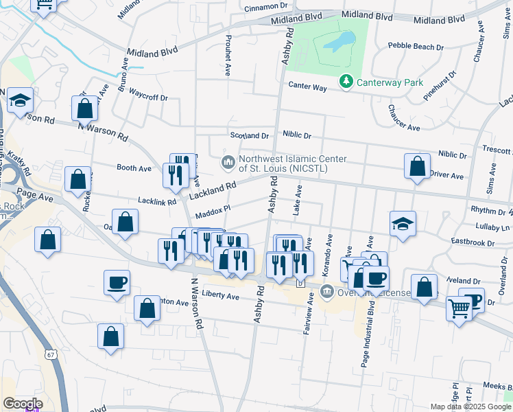 map of restaurants, bars, coffee shops, grocery stores, and more near 10534 Maddox Place in St. Louis